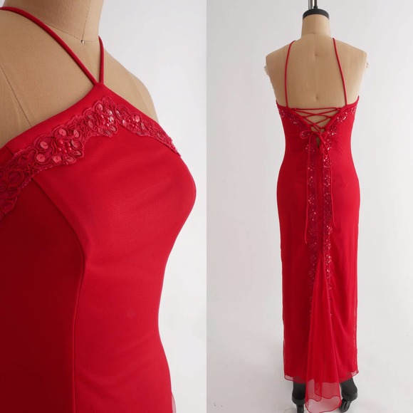 Vintage Dresses & Skirts - fairycore halter dress | Vintage slip dress gown cherry red corset back S